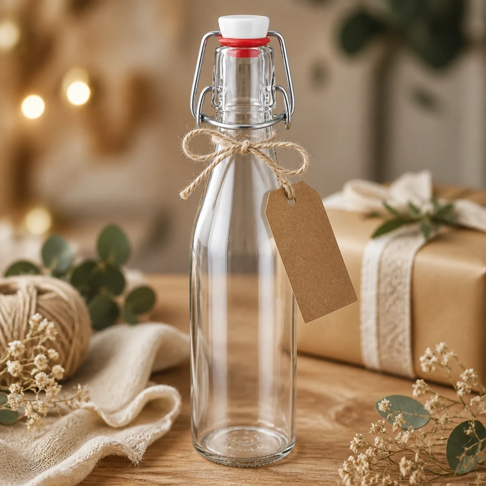250ml Glasflasche und Bügelverschluss PVC UNiTWIST Glasflasche 250ml mit Bügelverschluss als Geschenk dekoriert, Kraftpapier-Anhänger und Juteschnur, festliche Präsentatio