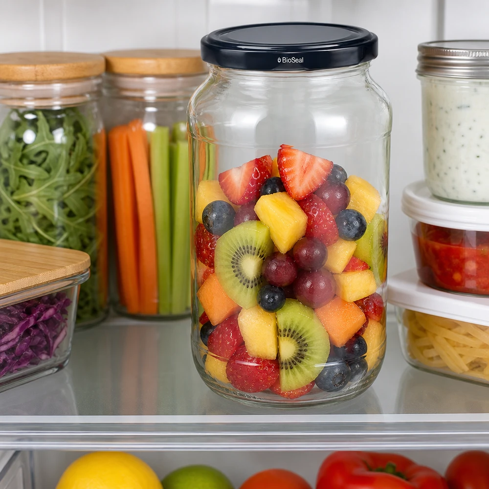 UNiTWIST Rundglas 1062 mit schwarzem TO82 BioSeal Deckel gefüllt mit Obstsalat im Kühlschrank Frischhaltung