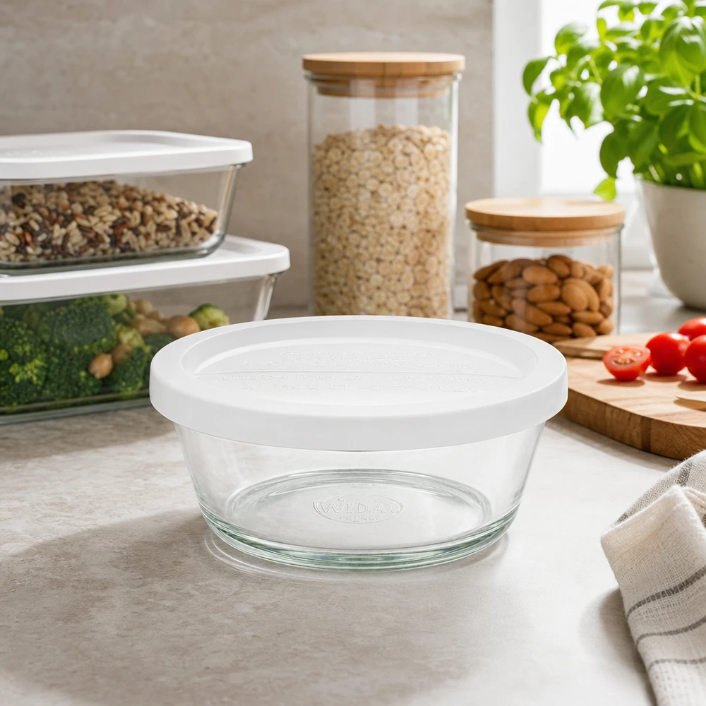WECK RR120 Gourmetglas 300ml leer auf Küchenarbeitsplatte zwischen anderen Aufbewahrungsbehältern Lifestyle-Aufnahme