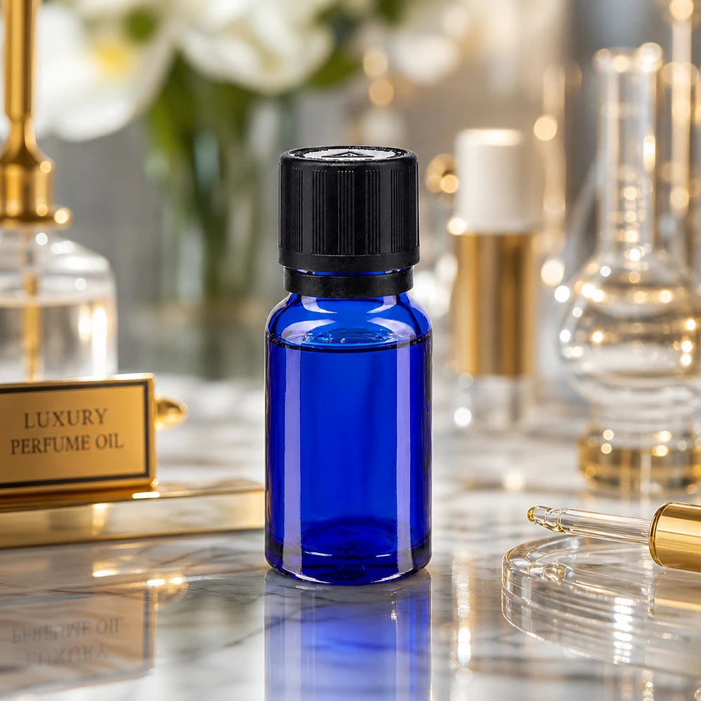 Apothekenflasche blau 10ml Tropfer Giessring 1mm schwarz Kindersicherung Blindenwarnsymbol Originalitätsverschluss 10ml blaue Dropper-Flasche aus UV-Schutzglas mit schwarzem KiSi-Schraubverschluss 1mm Einsatz