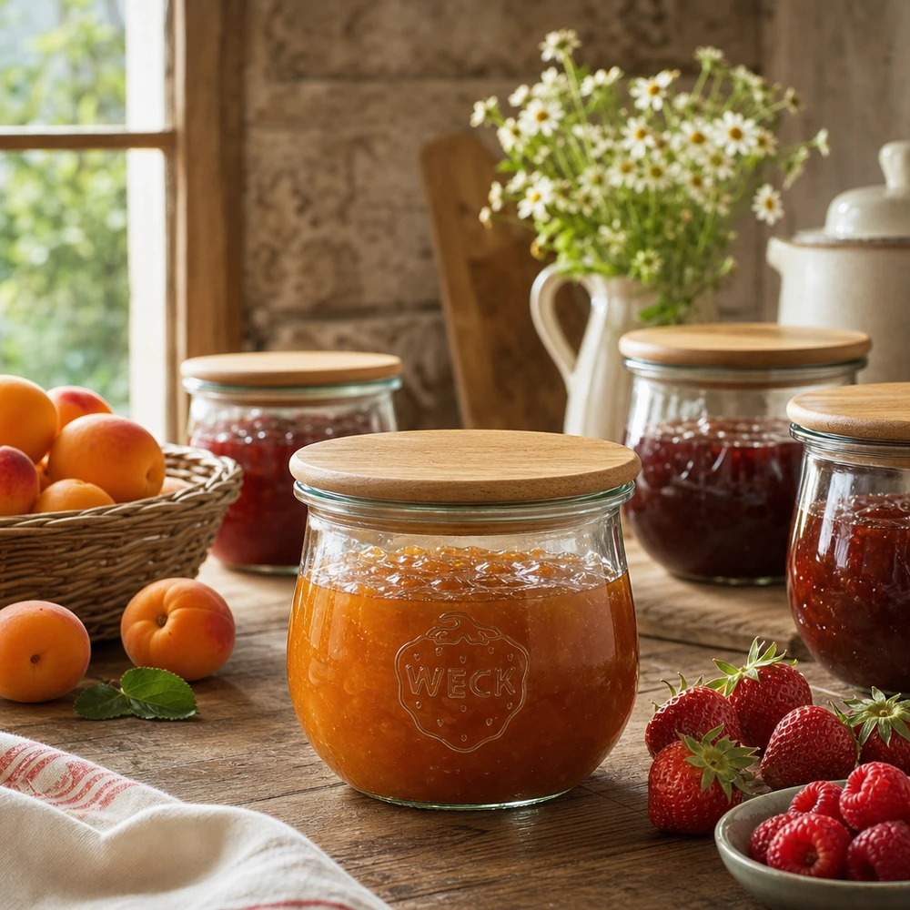370ml Tulpenglas WECK RR80 mit Holzdeckel WECK Tulpenglas 370ml RR80 gefüllt mit Aprikosenmarmelade neben frischen Früchten in rustikaler Küche