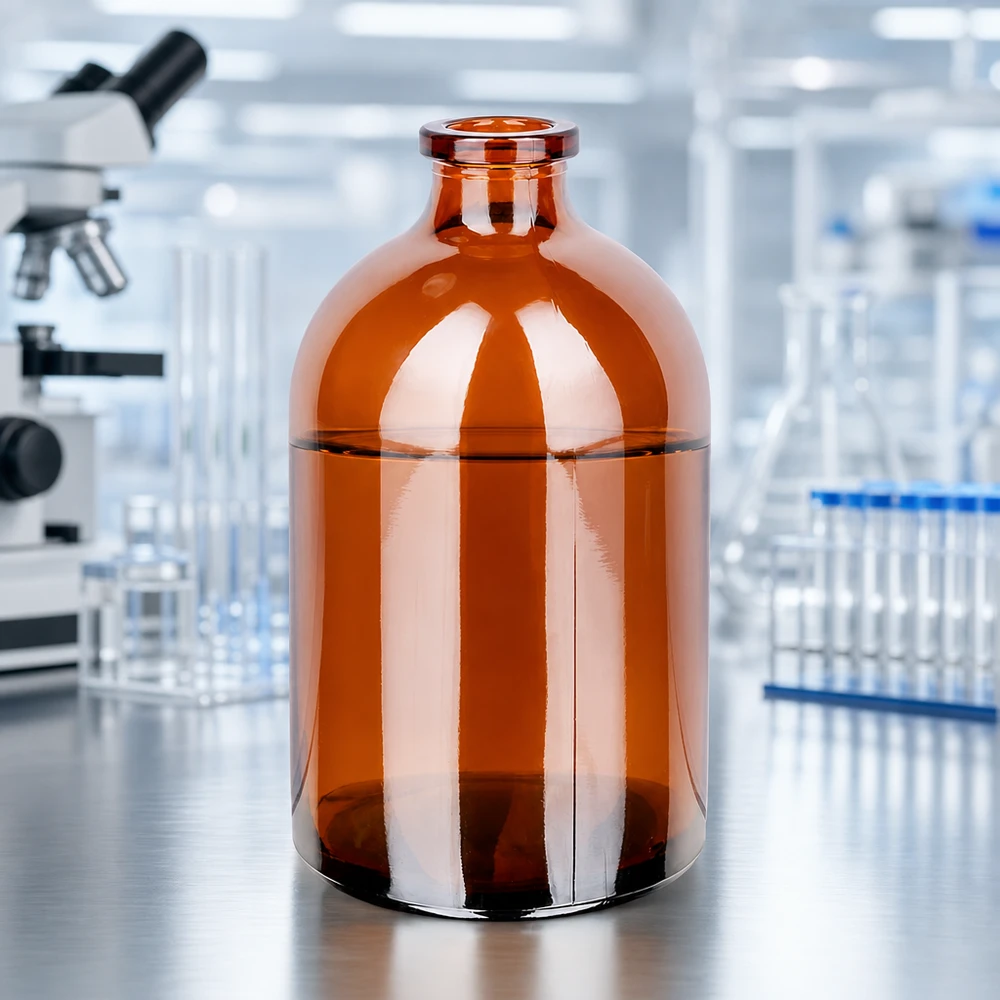 Sterile Braunglas-Injektionsflasche 100ml für Infusionslösungen vor professioneller Laborausstattung