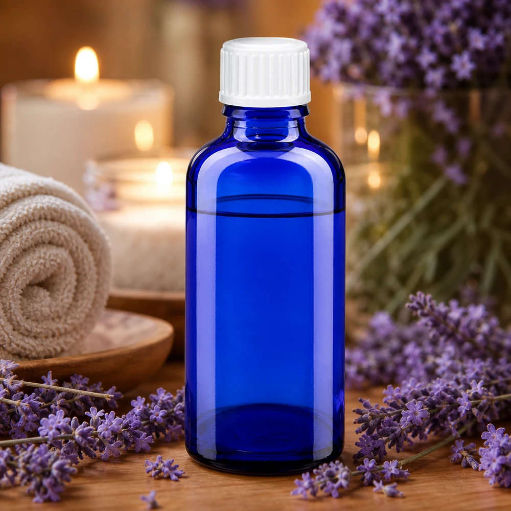 Zylindrische kobaltblaue 50ml Glasflasche mit weißem Schraubverschluss für Öle und Essenzen