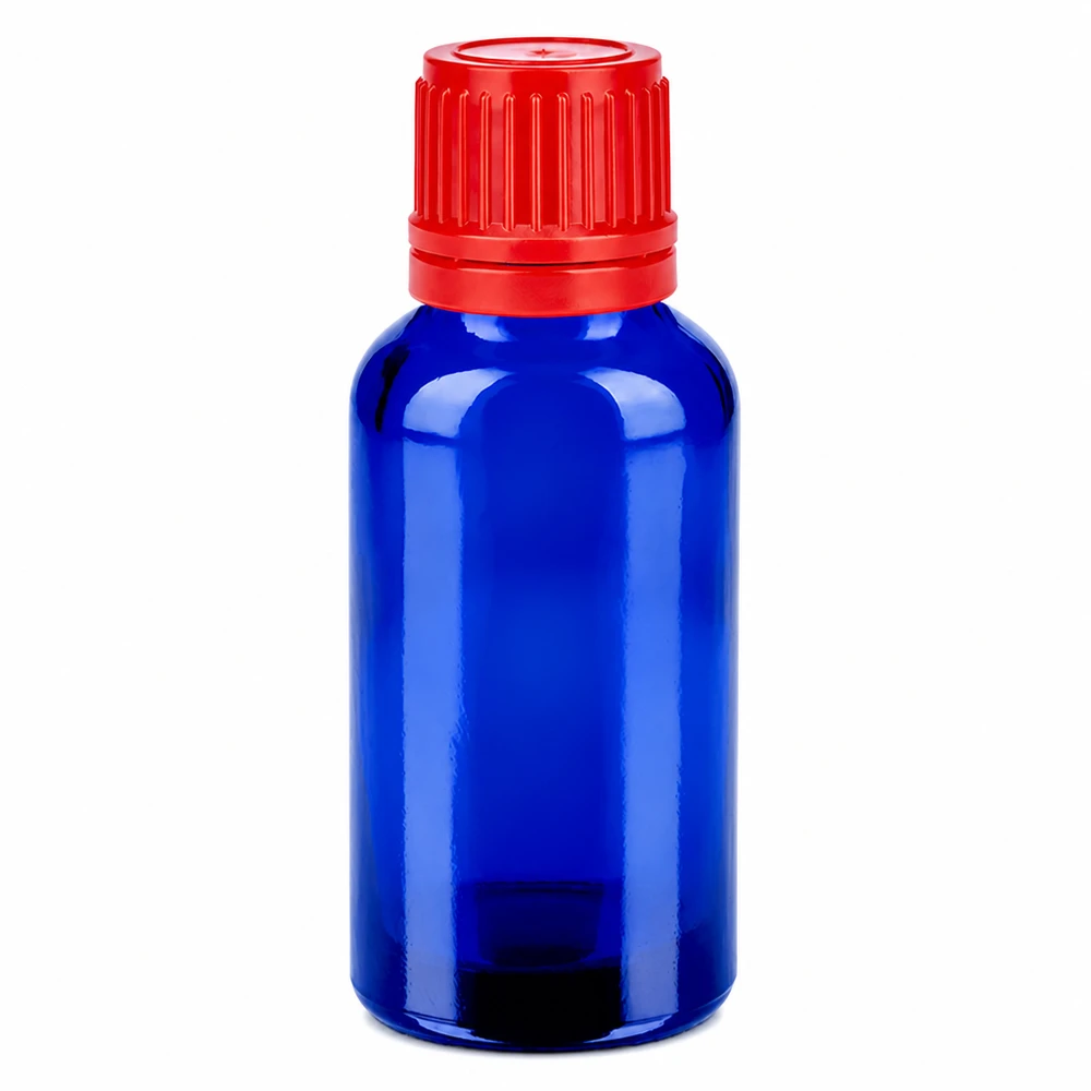 Premium Tropfflasche 30ml cobaltblau mit UV-Schutz und auslaufsicherem roten Verschluss