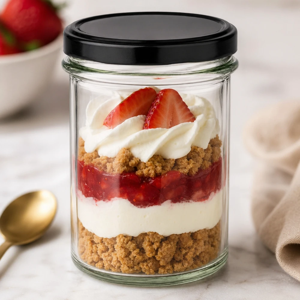 230ml Sturzglas mit BasicSeal Deckel schwarz UNiTWIST 230ml Sturzglas mit schwarzem Deckel als Dessertglas für Schichtnachtisch mit Erdbeeren Sahne und Keksboden