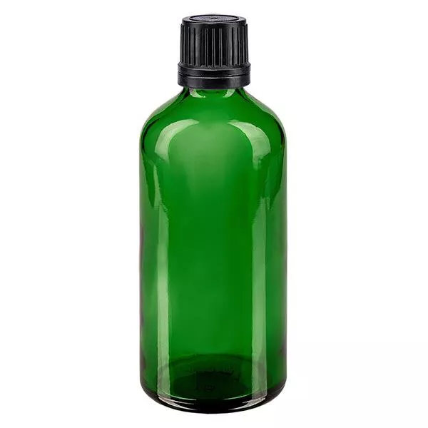 Apothekenflasche grün 100ml Tropfverschluss Premium 1mm schwarz Originalitätsverschluss Apothekenflasche grün 100ml Tropfverschluss Premium 1mm schwarz Originalitätsverschluss