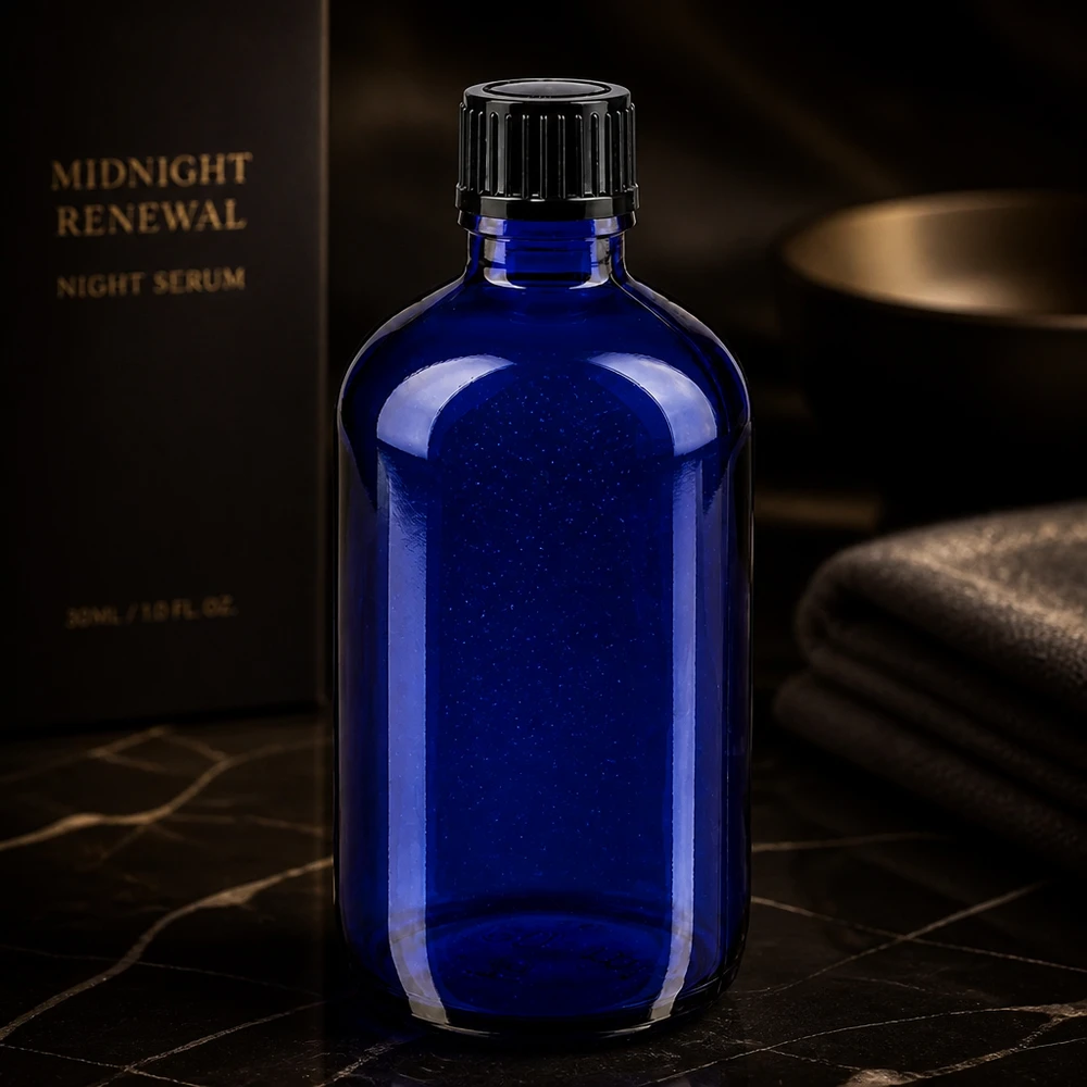 Apothekenflasche blau 100ml Tropfverschluss 1mm schwarz Standard Apothekerglasflasche 100ml in Kobaltblau mit schwarzem Deckel auf dunkler Marmoroberfläche
