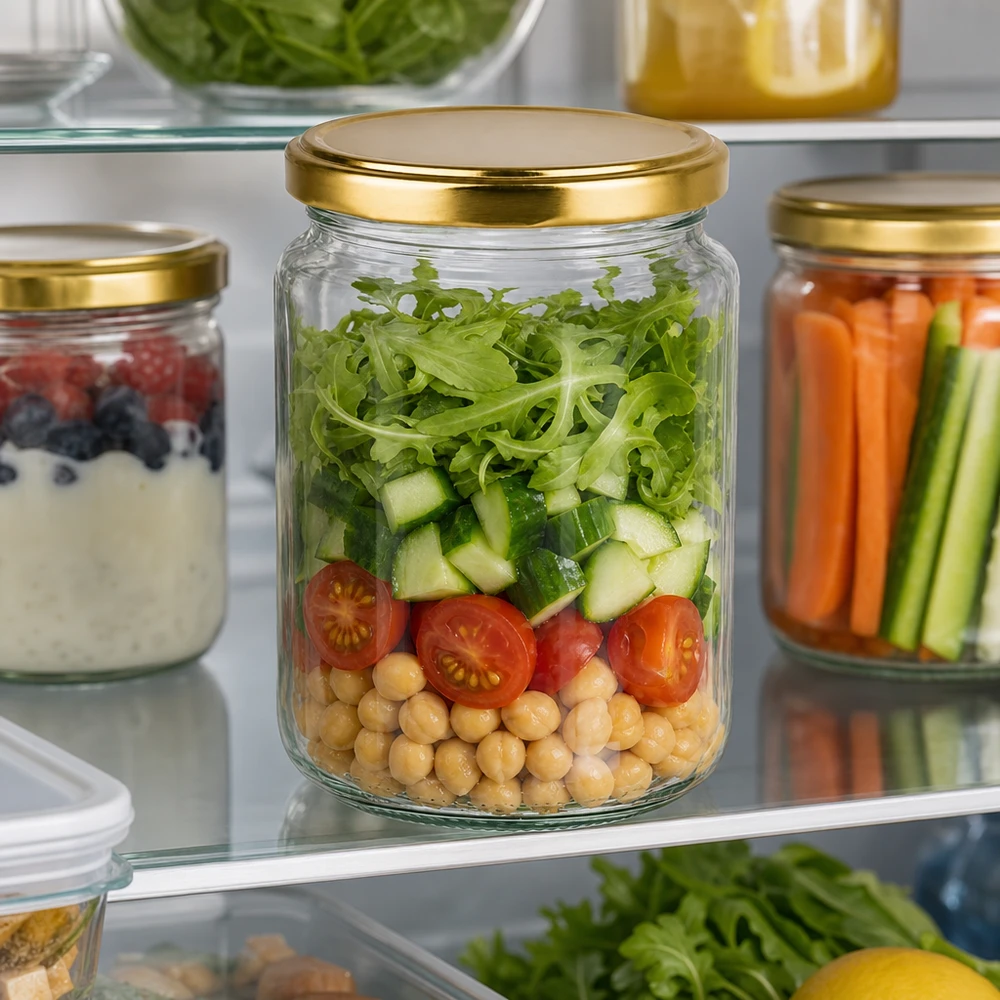 382ml Rundglas mit goldenem Deckel für frische Salate im Kühlschrank - perfekte Meal Prep Aufbewahrung