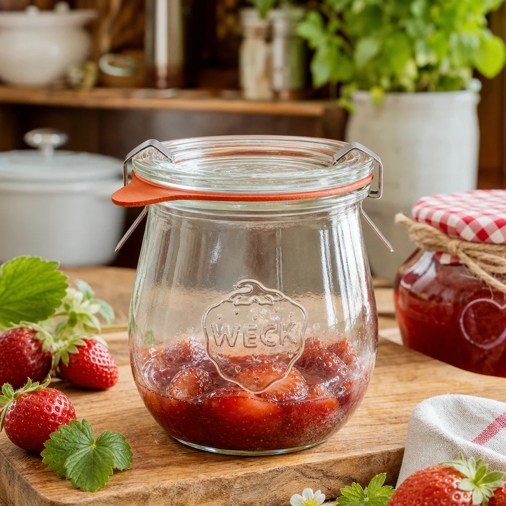 220ml Tulpenglas komplett WECK RR60 WECK Tulpenglas 220ml mit Erdbeermarmelade befüllt auf Holzbrett in gemütlicher Küche mit frischen Erdbeeren