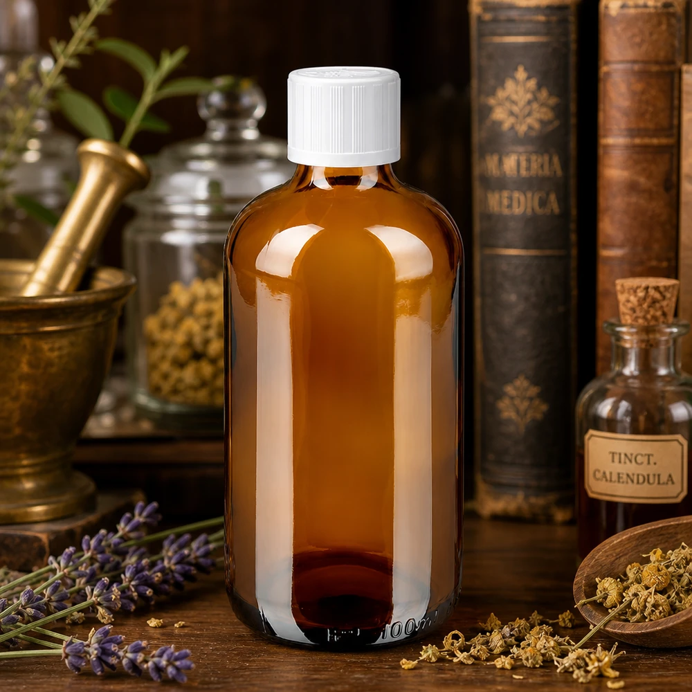 Apothekenflasche braun 100ml Schraubverschluss weiß Kindersicherung Standard 100ml Braunglasflasche Apothekenstandard mit Kamillenblüten und Lavendel naturheilkundlich