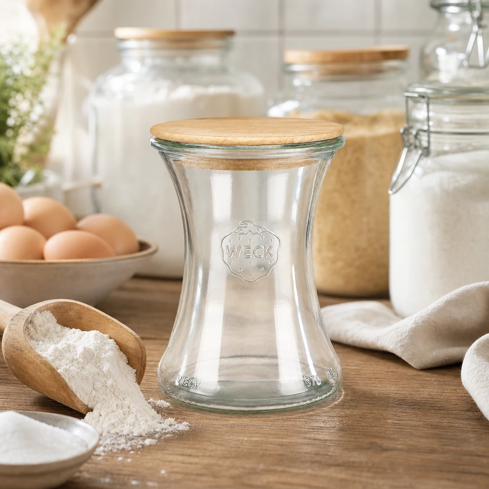 370ml Delikatessenglas WECK RR80 mit Holzdeckel WECK Delikatessenglas 370ml RR80 mit Holzdeckel auf Holzarbeitsplatte neben Mehl Eiern und Backzutaten in Küche