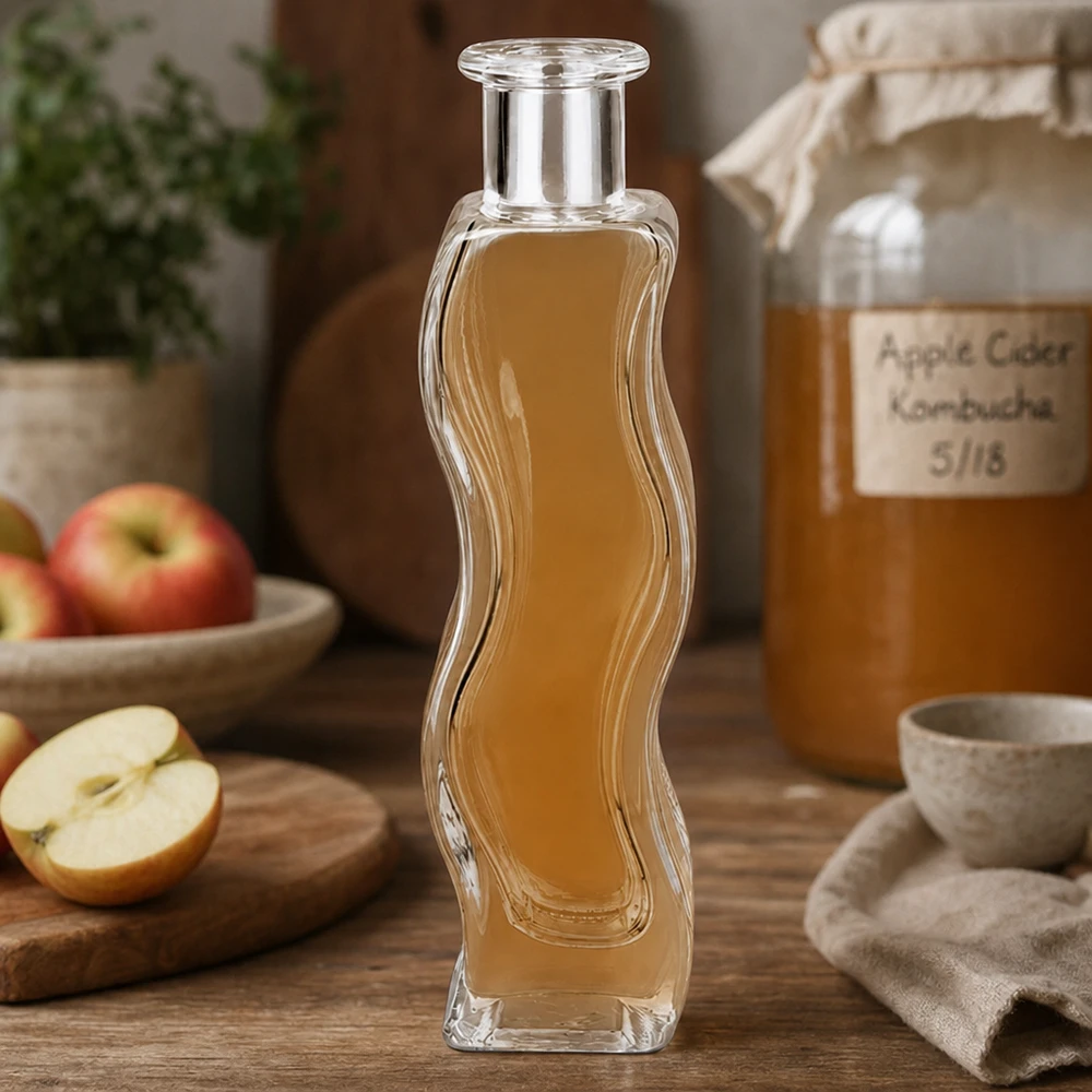 100ml Glasflasche "Melissa" ohne Verschluss UNiTWIST Glasflasche Melissa 100ml mit Apfelessig gefüllt in natürlicher Küche mit frischen Äpfeln und Kombucha-Glas
