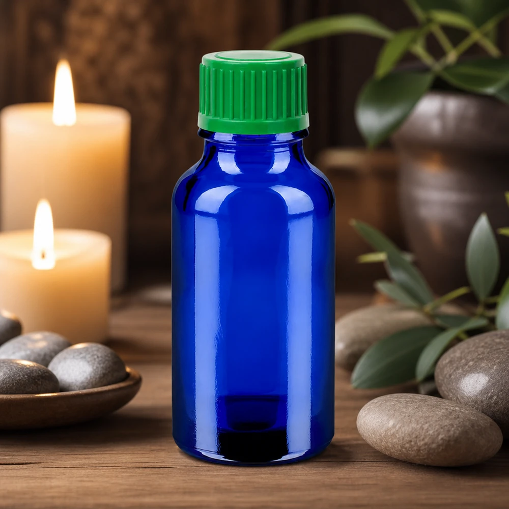 20ml Tropfbehälter aus UV-schützendem blauen Glas mit sicherem grünem Verschlusssystem UT18/20