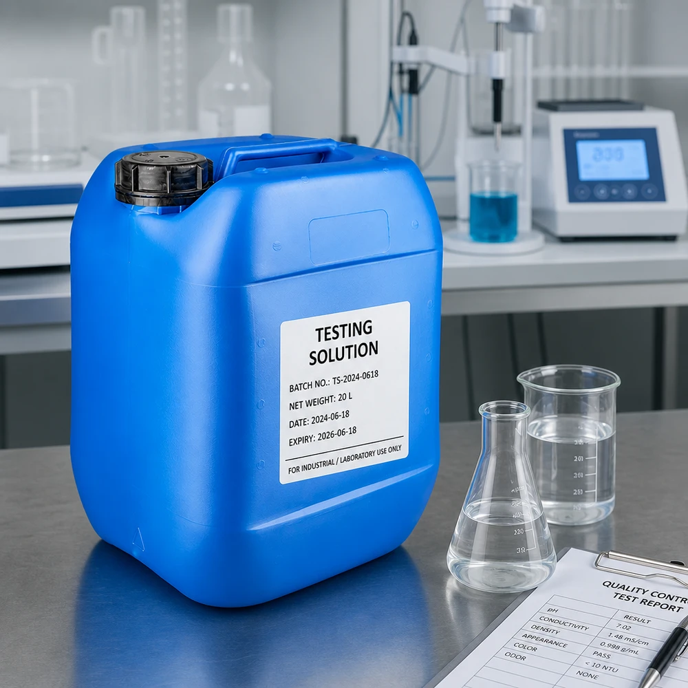 Kanister 10 Liter blau mit Schraubverschluss Originalitätsverschluss Kanister 10 Liter blau mit OV Schraubverschluss neben Messbecher und Erlenmeyerkolben
