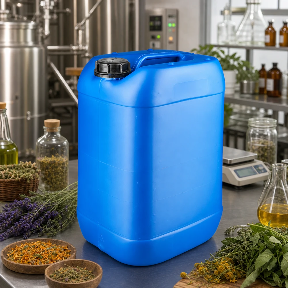Kanister 25 Liter blau mit Schraubverschluss Originalitätsverschluss Stapelbarer Kunststoffkanister 25 Liter blau mit OV Verschluss in pharmazeutischer Laborumgebung