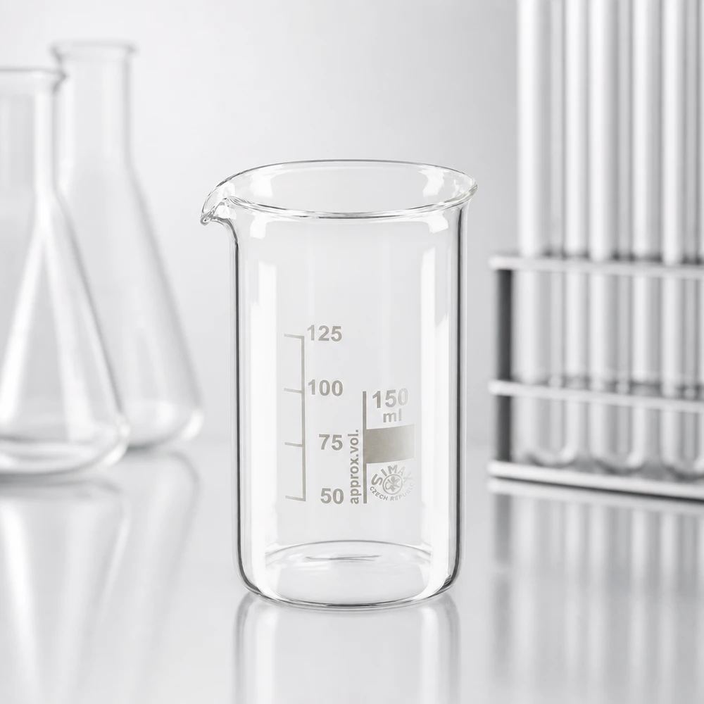 Becherglas 150ml Borosilikatglas, hohe Form Griffsicheres Laborbecherglas 150ml hohe Form aus hitzebeständigem Borosilikatglas mit Skala