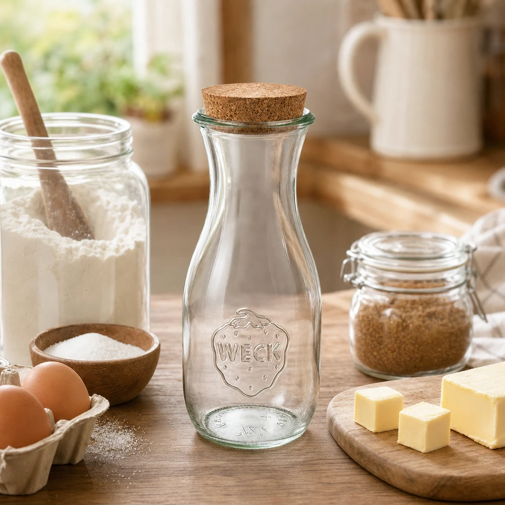 WECK Saftflasche 530ml mit Korken in gemütlicher Küche neben Backzutaten Mehl Eier Butter auf Holztisch