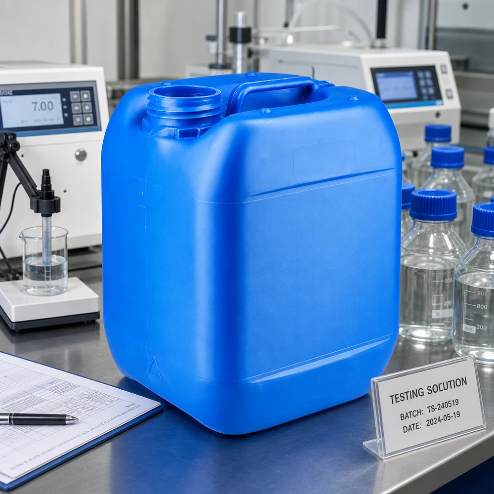Blauer Chemikalienkanister 5 Liter ohne Verschluss im Qualitätskontrolllabor mit Dokumentation