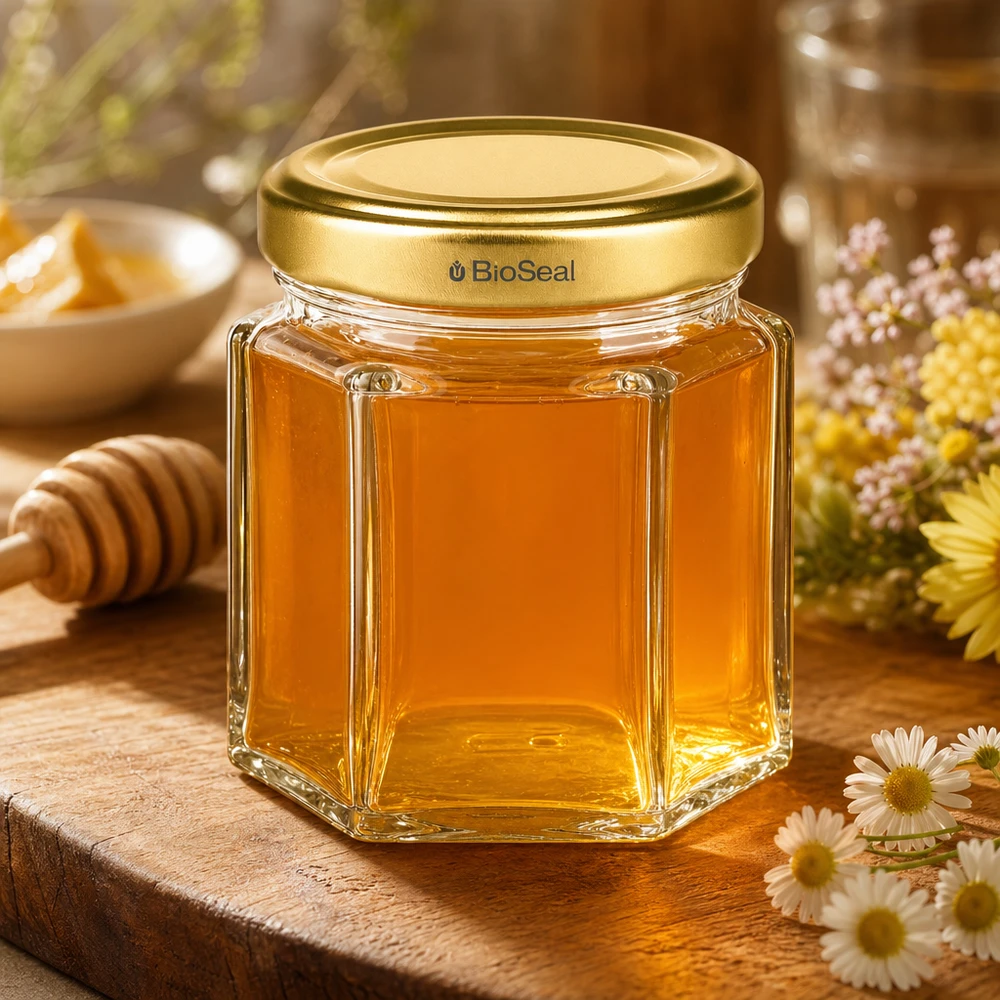 BioSeal 60g Honigglas hexagonal gefüllt mit goldenem Honig auf Holztisch mit Honigstab und Wildblumen dekoriert
