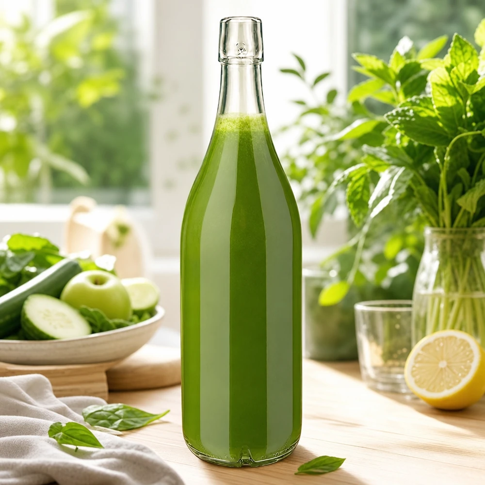 Glasflasche 1000ml UNiTWIST mit grünem Smoothie befüllt frisches Gemüse Obst Küchenszene gesunde Ernährung