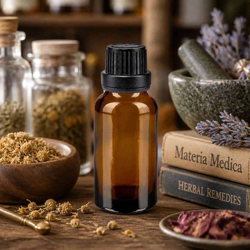 Apothekenflasche braun 20ml Schraubverschluss schwarz Dichteinlage Originalitätsverschluss Lichtgeschützte 20ml Braunglasflasche mit schwarzem Originalitätsverschluss für Tinkturenherstellung