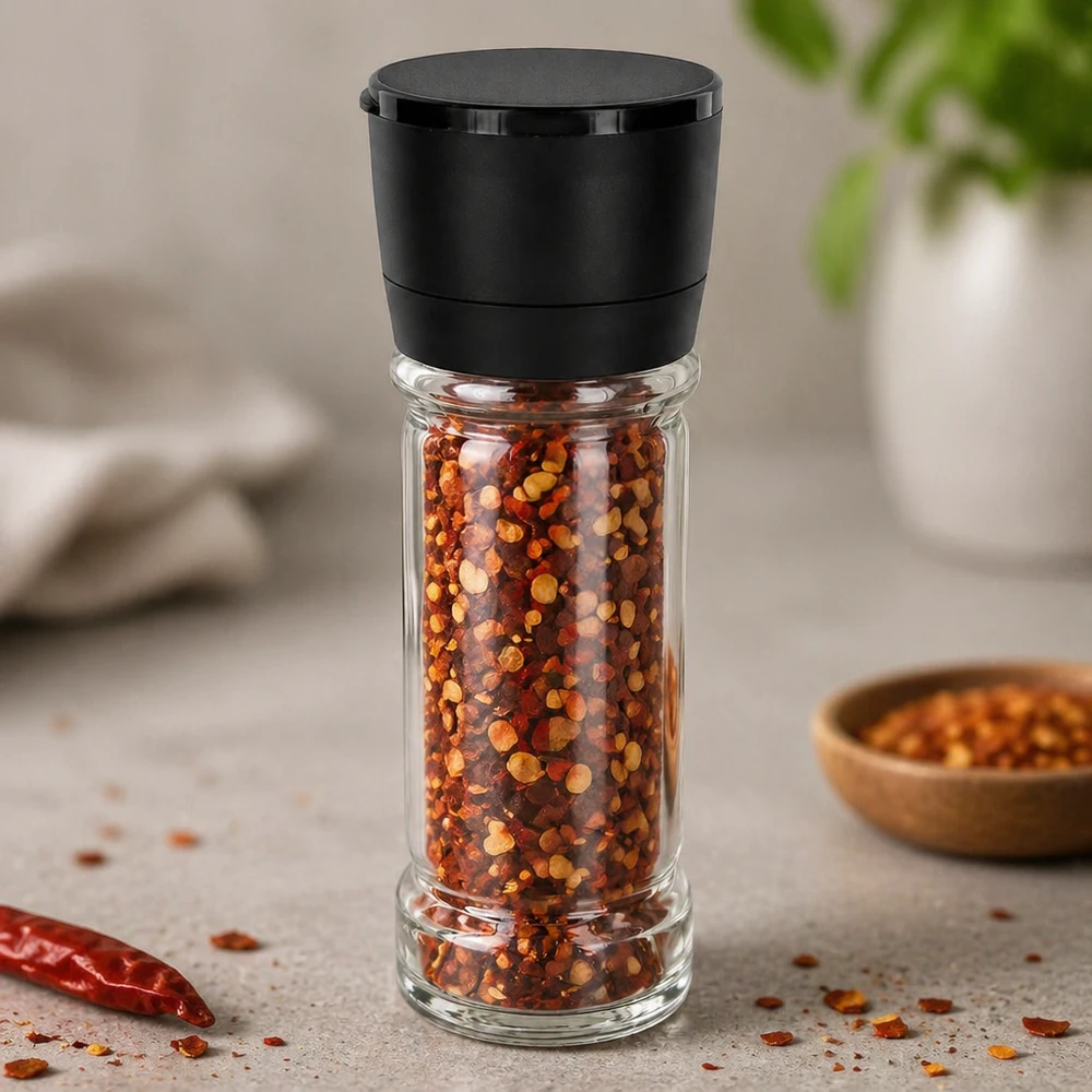 Salz-/Gewürzglas 100ml mit Mühle Vario schwarz Nachfüllbares Gewürzglas mit schwarzer Vario-Mühle zum Mahlen von Chiliflocken