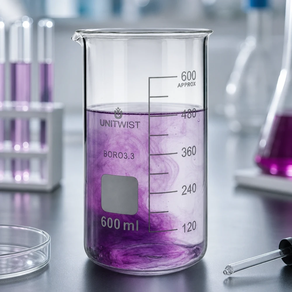Becherglas 600ml Borosilikat, hohe Form UNiTWIST Laboraufbau mit UNITWIST Becherglas 600ml hohe Form Reagenzgläsern und Erlenmeyerkolben