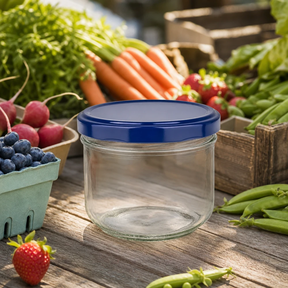 260ml Sturzglas + BasicSeal Deckel blau UNiTWIST 260ml Sturzglas BasicSeal blau leer auf Holztisch mit frischem Obst und Gemüse - perfekt für Marmelade und Konserven