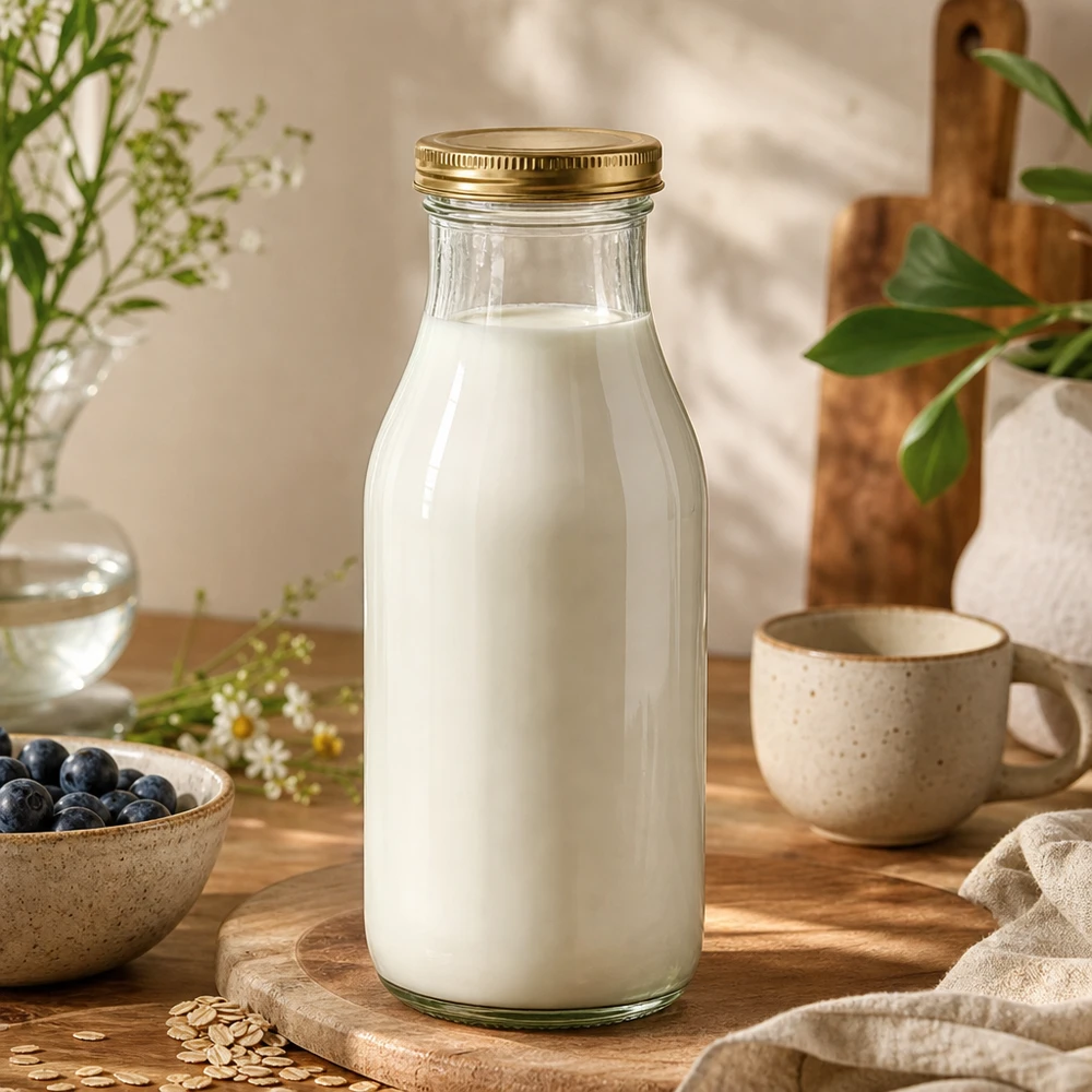 UNiTWIST Bottle263 Glasflasche mit Milch gefüllt und goldenem TO43 BioSeal Deckel in natürlicher Küchenszene