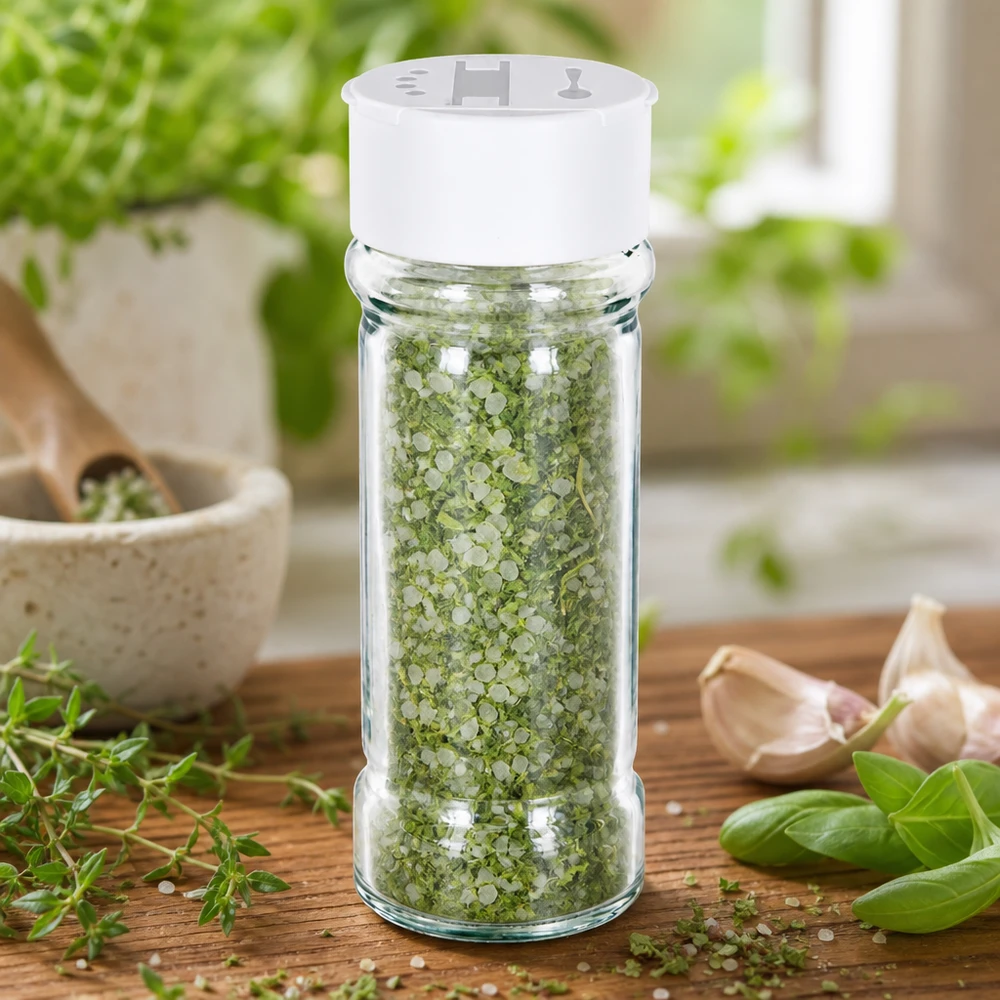 Salz-/Gewürzglas 100ml mit Doppelstreuer weiss Kompaktes Gewürzglas mit weißem Kunststoffdeckel und Doppelstreufunktion ideal für Kräutersalz