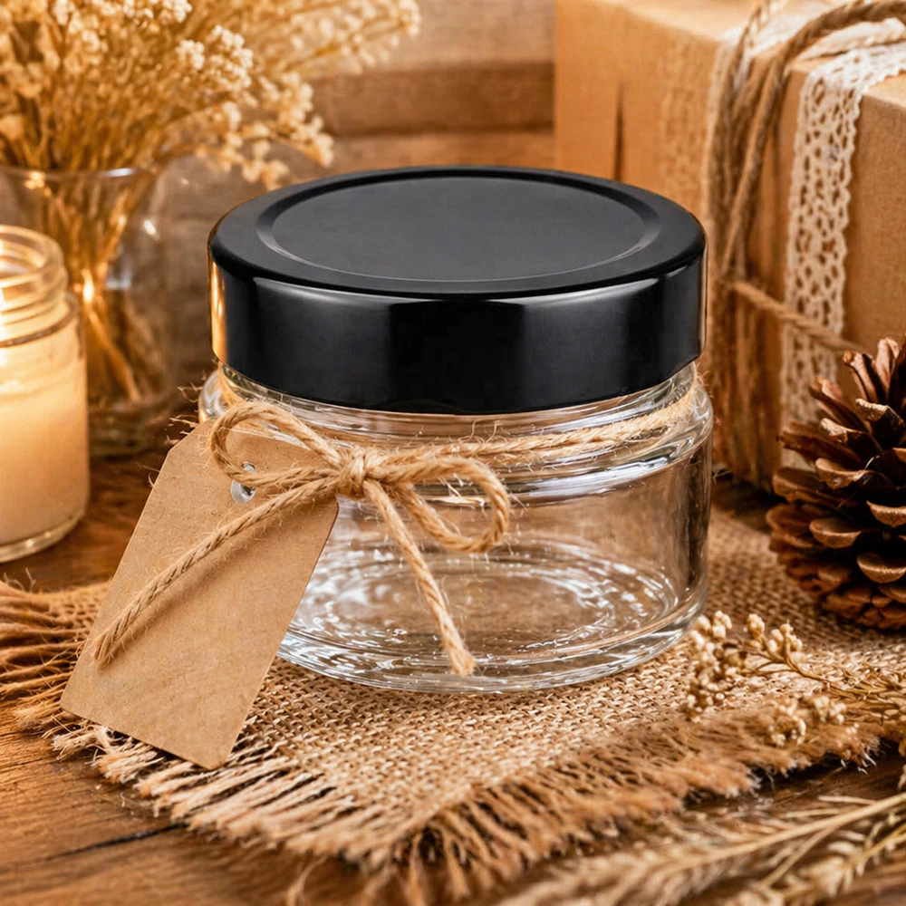 80ml Rundglas + BasicSeal Deckel schwarz deep UNiTWIST 80ml Rundglas schwarz transparent Kosmetiktiegel dekorativ arrangiert mit Geschenkband natürliche Deko BasicSeal