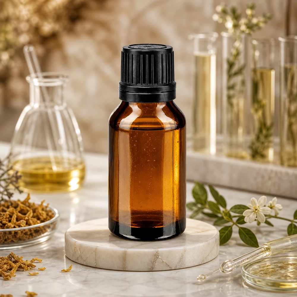 Kompakte Tropfflasche 15ml aus Braunglas mit schwarzem Deckel für präzise Öldosierung