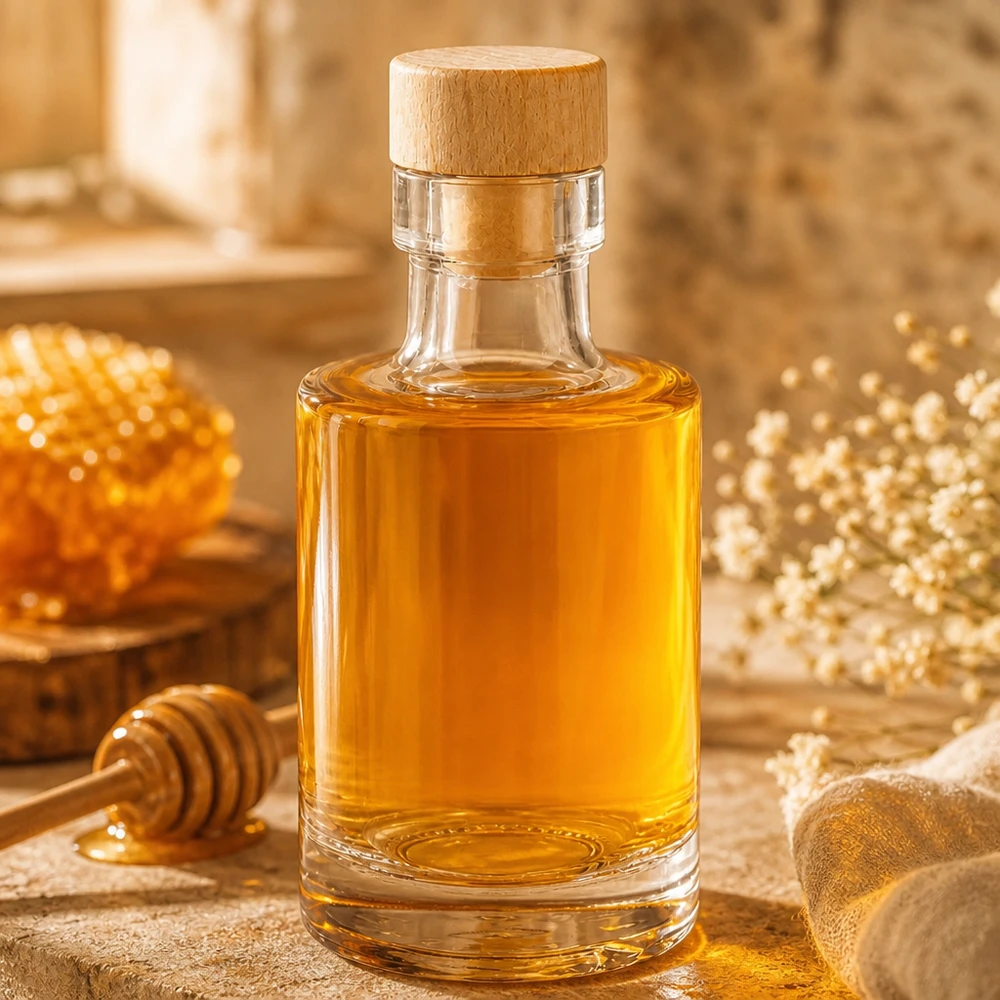 100ml Glasflasche Marie mit Holzkorken gefüllt mit Honig neben Bienenwabe und Honiglöffel auf rustikalem Holztisch