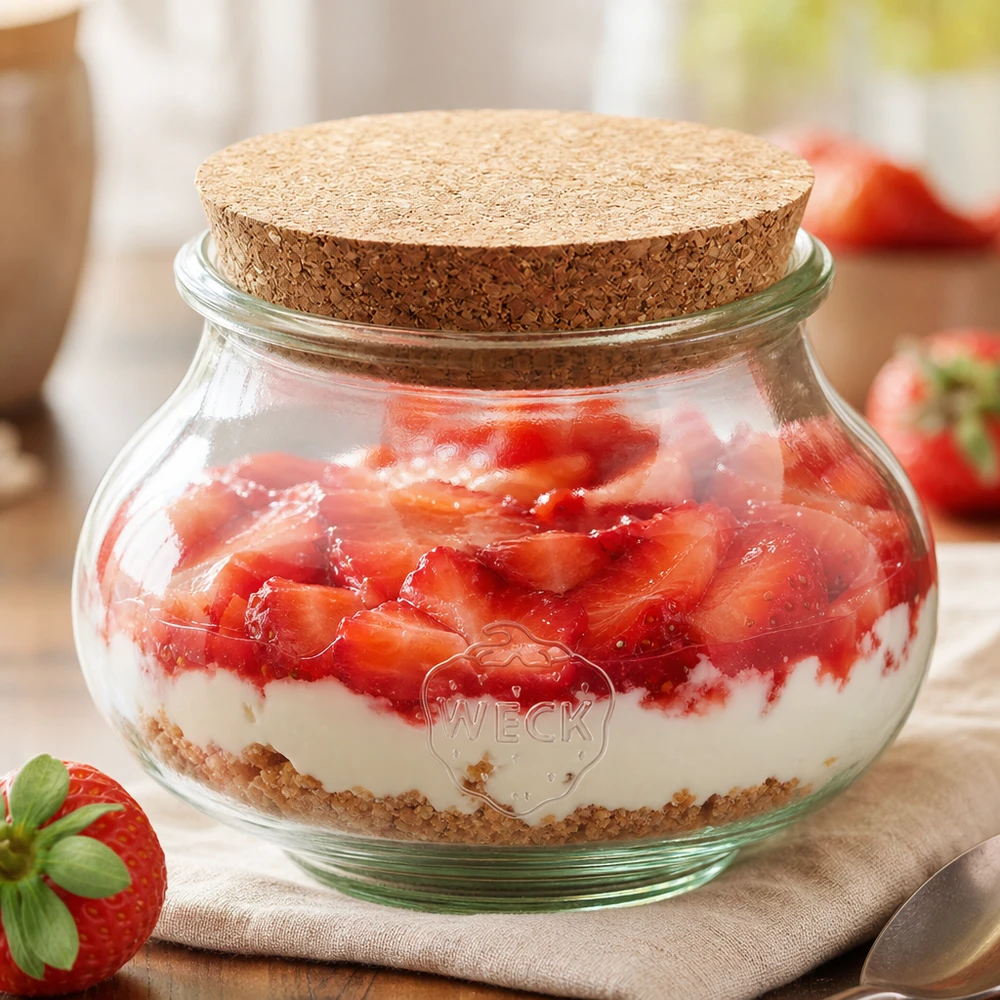 WECK Schmuckglas 560ml RR80 mit Korken als Dessertglas für Erdbeer-Joghurt-Schichtdessert Küchenpräsentation