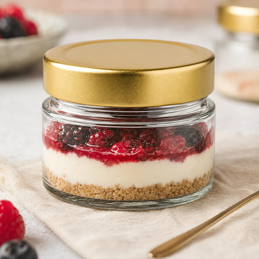80ml Rundglas mit BasicSeal Deckel gold deep UNiTWIST 80ml Rundglas mit BasicSeal Deckel gold deep als Dessertglas mit Cheesecake und Beeren in eleganter Tischdeko