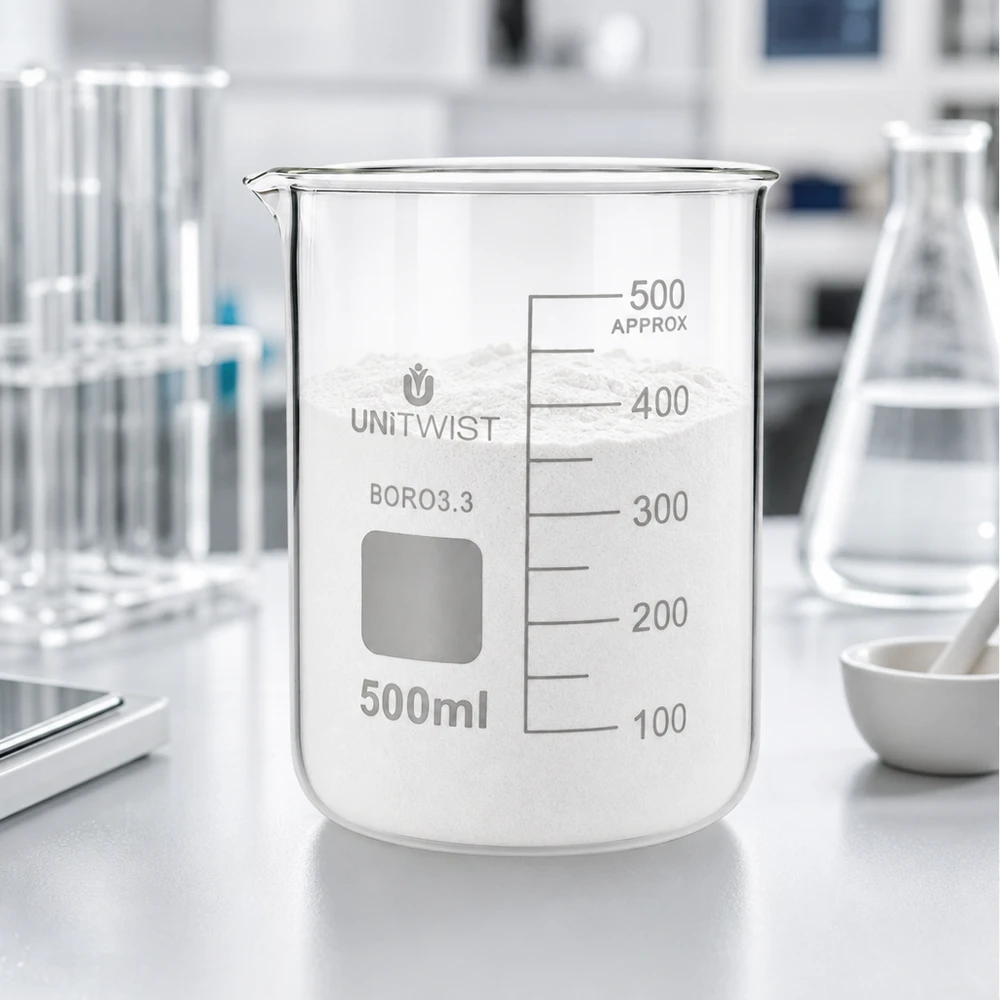 Becherglas 500ml Borosilikat, niedrige Form UNiTWIST UNiTWIST Borosilikat Becherglas 500ml niedrige Form mit weißem Laborpulver und Messskala