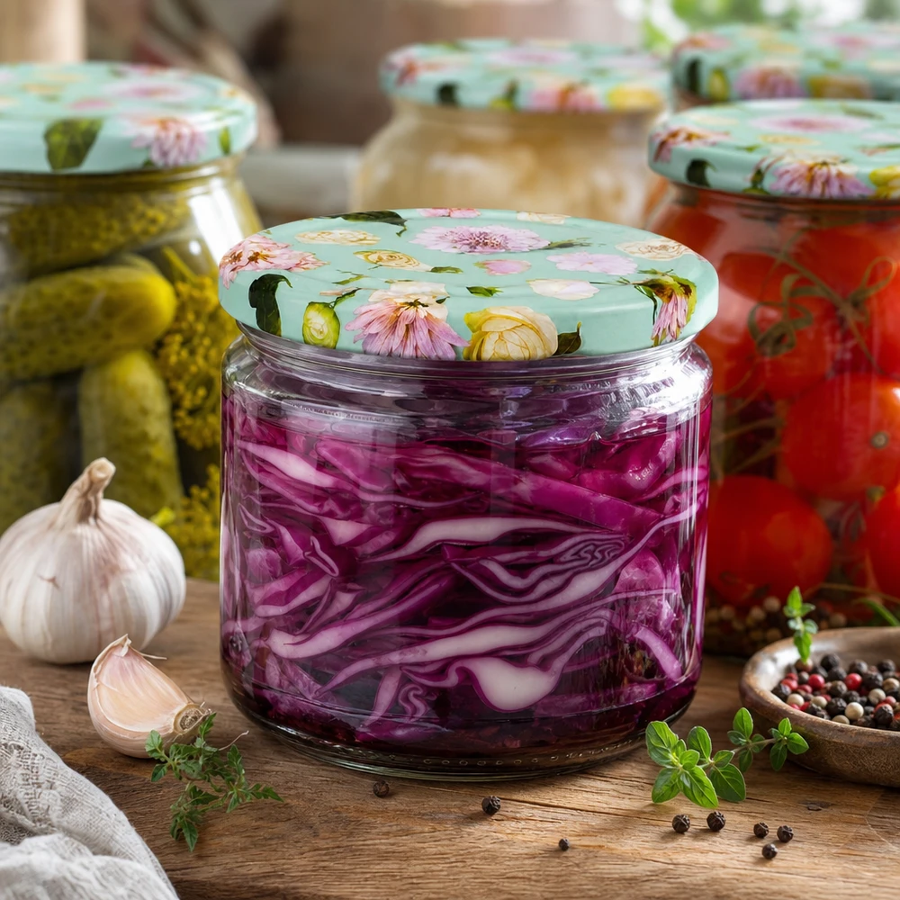 Fermentiertes Rotkraut in 330ml Rundglas mit floralem BasicSeal Deckel mint neben eingelegten Gurken und Tomaten