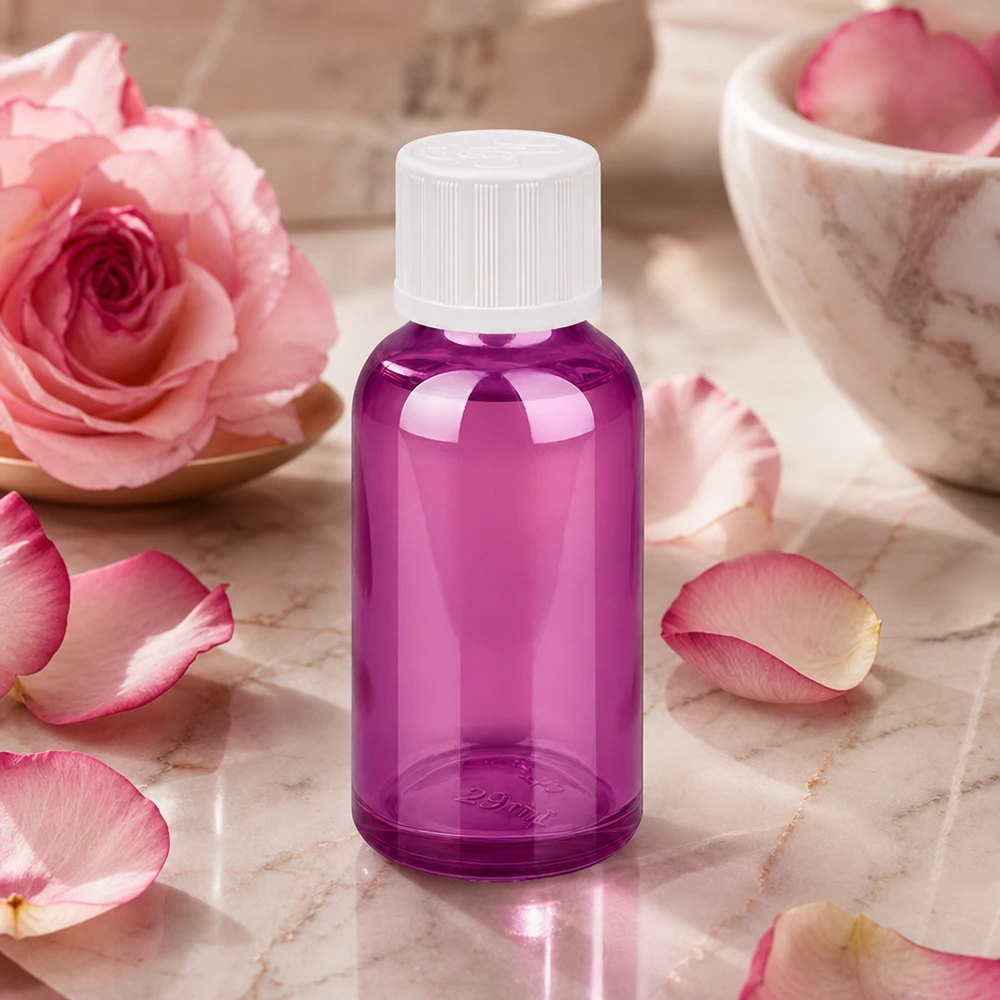Handliche Tropfflasche 30ml aus violettem Material mit STD Verschluss für mobile Anwendung