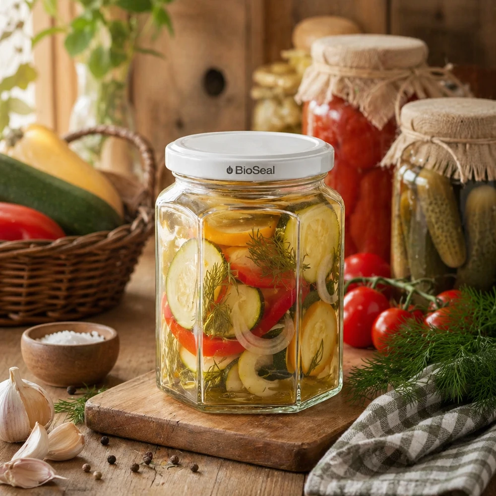 288ml Hexaglas mit BioSeal Deckel weiß UNiTWIST UNiTWIST Hexa288 sechseckiges Einmachglas mit Mixed Pickles gefüllt auf Holzbrett in rustikaler Küche