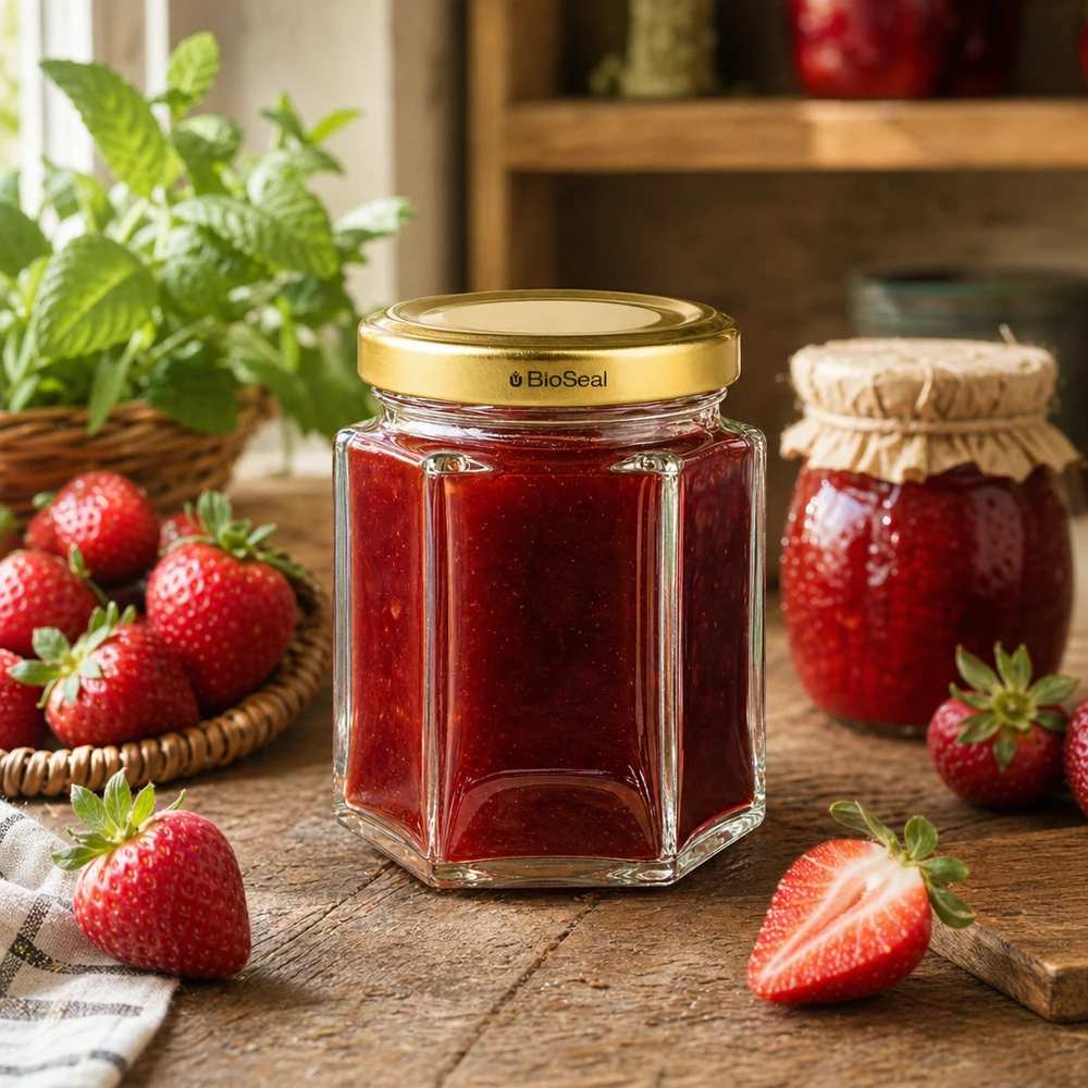 60g Honigglas mit goldenem Deckel BioSeal UNiTWIST 60g BioSeal Honigglas mit Erdbeermarmelade gefüllt in Küchenszenerie mit frischen Erdbeeren und Minze
