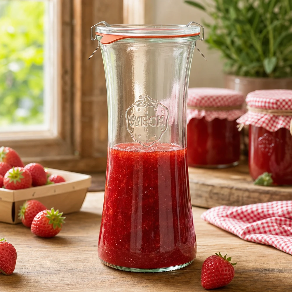 WECK RR80 700ml Delikatessenglas gefüllt mit Erdbeermarmelade, Einmachglas mit Bügelverschluss in Küchenszene