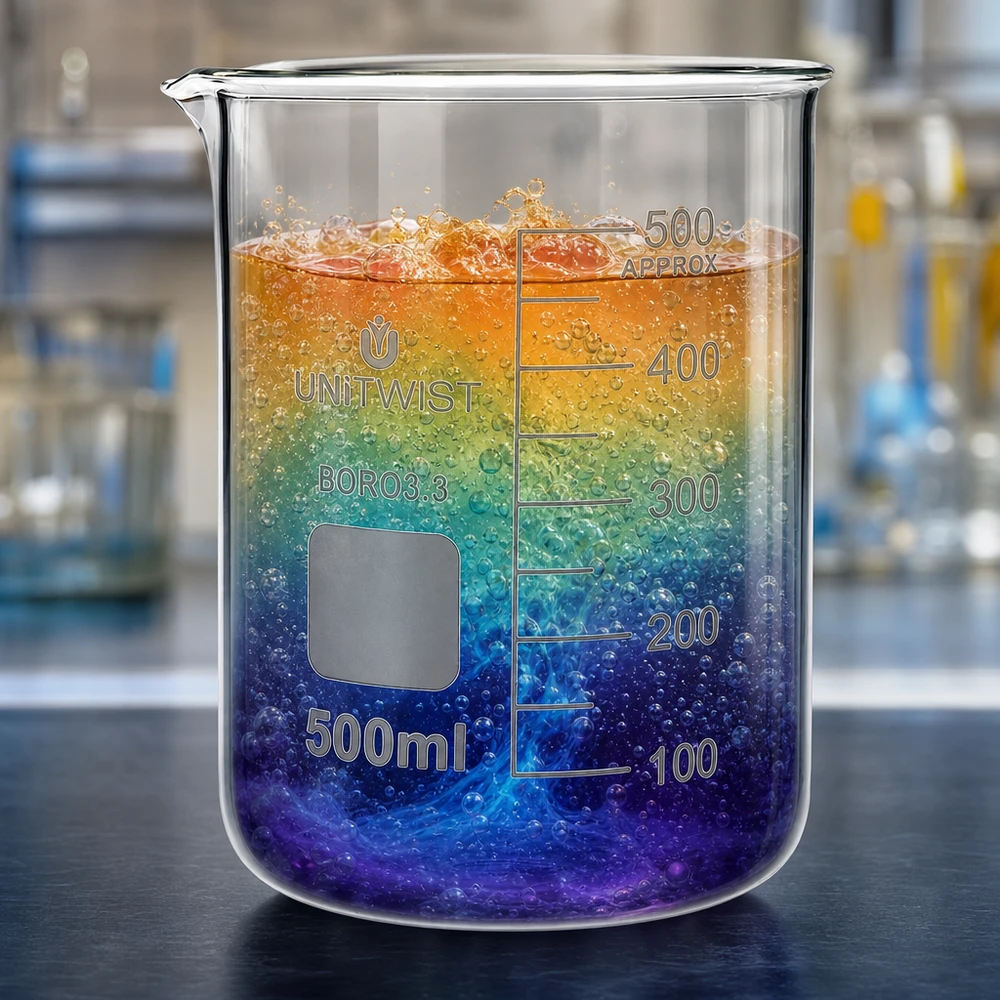 Becherglas 500ml Borosilikat, niedrige Form UNiTWIST Reagenzglas-Alternatve UNiTWIST Becherglas 500ml niedrige Form mit violett-orange Farbverlauf