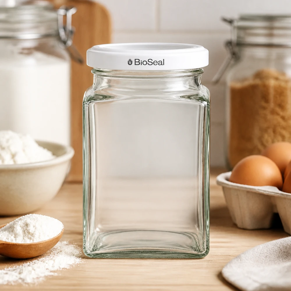 260ml Tetraglas + BioSeal Deckel weiß UNiTWIST UNiTWIST Tetra260 Glasdose leer auf Holzbrett Küche Backzutaten Eier Mehl weißer TO58 BioSeal Deckel Backen