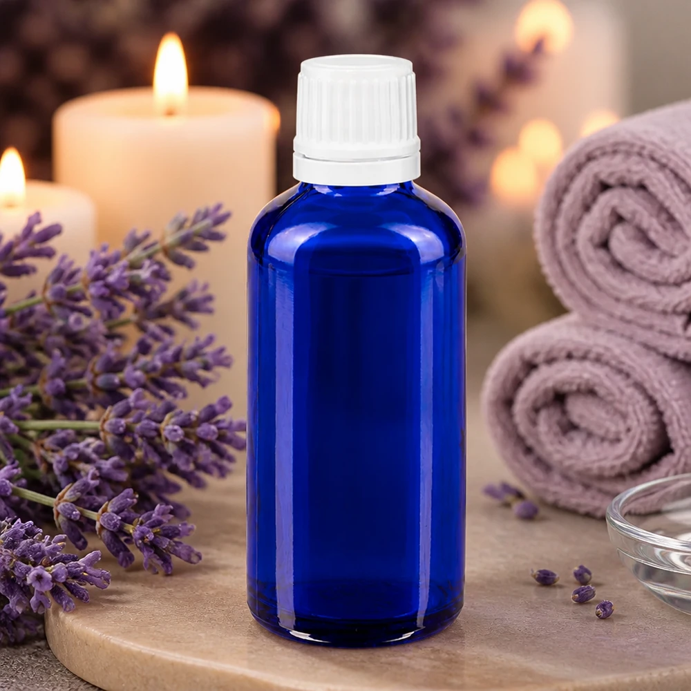 Apothekenflasche blau 50ml Schraubverschluss weiß Originalitätsverschluss 50ml Glasflasche in dunklem Blau mit weißem OV Verschluss für Aromatherapie Produkte