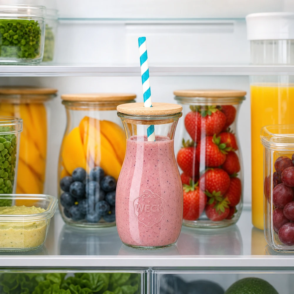 WECK Saftflasche 290ml mit Erdbeer-Smoothie im Kühlschrank zwischen frischen Früchten Holzdeckel Papierstrohhalm