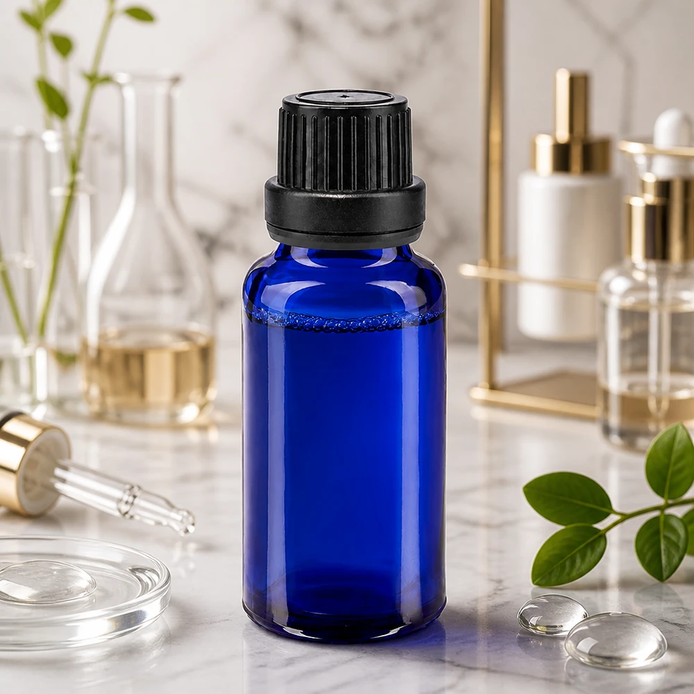 Apothekenflasche blau 20ml Schraubverschluss schwarz Dichteinlage Originalitätsverschluss Hochwertige blaue Glasflasche 20ml mit Sicherheitsverschluss für Naturkosmetik Herstellung