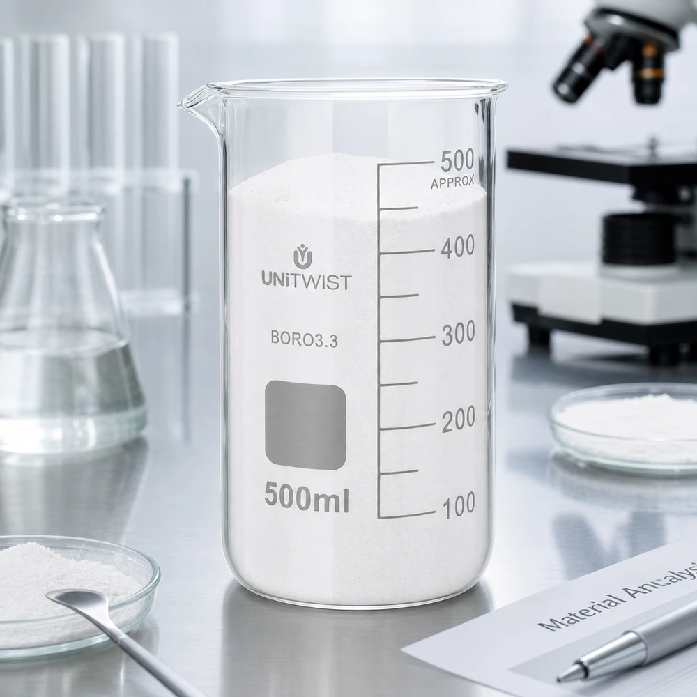 Becherglas 500ml Borosilikat, hohe Form UNiTWIST Laborbecherglas hohe Form 500ml aus Borosilikat mit weißem Analysematerial befüllt