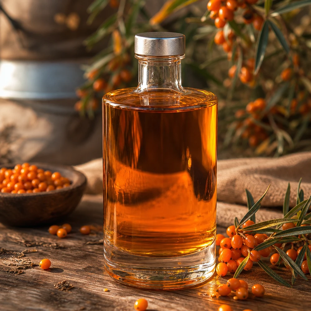 375ml Glasflasche Sam mit orangefarbenem Sanddornöl befüllt zwischen Sanddornbeeren und natürlicher Dekoration