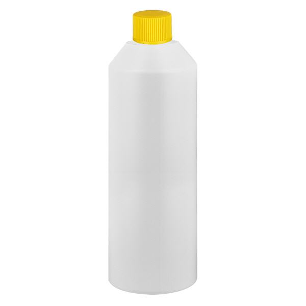 Apothekenflasche HDPE 250ml weiß, mit gelbem Schraubverschluss Apothekenflasche HDPE 250ml weiß, mit gelbem Schraubverschluss