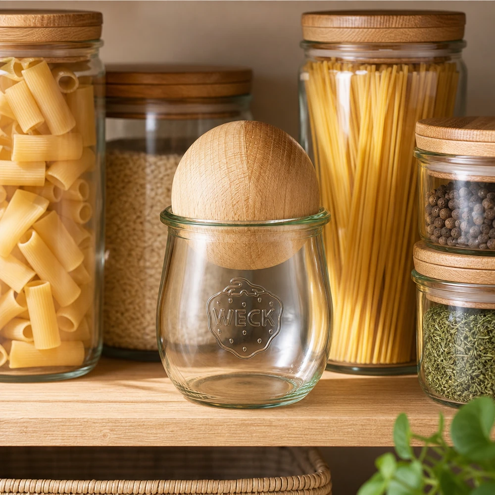 WECK Tulpenglas 220ml RR60 mit Buchenkugel-Deckel in moderner Vorratsküche neben Pasta und Gewürzgläsern